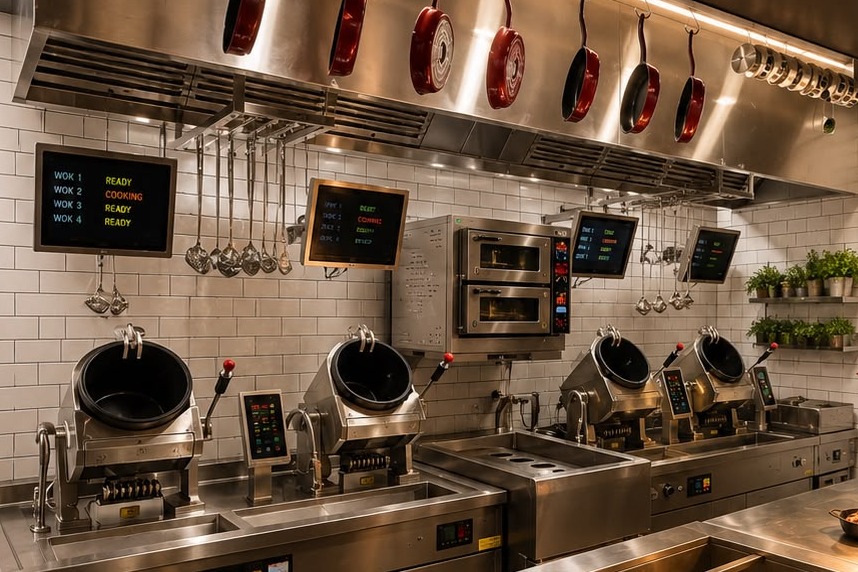 The Pasta Pot kitchen line: four rotating cooking pots under a rack of hanging pans